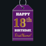 Etiquetas Para Regalos Purple, Faux Gold 18th Birthday   Custom Name<br><div class="desc">El diseño de esta etiqueta de regalo de cumpleaños incluye un mensaje como "¡FELIZ 18º CUMPLEAÑOS, nombre!", donde el nombre se puede personalizar, y donde el número "18º" tiene un aspecto de color falso/imitación dorado. En la parte delantera hay un fondo de color morado. En la parte posterior aparece una...</div>