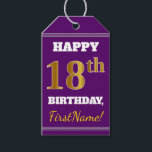 Etiquetas Para Regalos Purple, Faux Gold 18th Birthday   Custom Name<br><div class="desc">El diseño de esta etiqueta de regalo de cumpleaños incluye un mensaje como "¡FELIZ 18º CUMPLEAÑOS, nombre!", donde el nombre se puede personalizar, y donde el número "18º" tiene un aspecto de color falso/imitación dorado. En la parte delantera hay un fondo de color morado. En la parte posterior aparece una...</div>