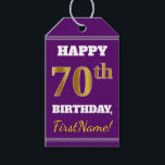 Etiquetas Para Regalos Purple, Faux Gold 70th Birthday   Custom Name<br><div class="desc">El diseño de esta etiqueta de regalo de cumpleaños incluye un mensaje como "¡FELIZ 70 cumpleaños, FirstName!", donde el nombre se puede personalizar, y donde el número "70" tiene un aspecto de color falso/imitación dorado. En la parte delantera hay un fondo de color morado. En la parte posterior aparece una...</div>