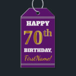 Etiquetas Para Regalos Purple, Faux Gold 70th Birthday   Custom Name<br><div class="desc">El diseño de esta etiqueta de regalo de cumpleaños incluye un mensaje como "¡FELIZ 70 cumpleaños, FirstName!", donde el nombre se puede personalizar, y donde el número "70" tiene un aspecto de color falso/imitación dorado. En la parte delantera hay un fondo de color morado. En la parte posterior aparece una...</div>