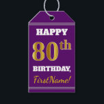 Etiquetas Para Regalos Purple, Faux Gold 80th Birthday   Nombre personali<br><div class="desc">El diseño de esta etiqueta de regalo de cumpleaños incluye un mensaje como "¡FELIZ 80º CUMPLEAÑOS, nombre!", donde el nombre puede ser personalizado, y donde el número "80º" tiene un aspecto de color falso/imitación de color dorado. En la parte delantera hay un fondo de color morado. En la parte posterior...</div>