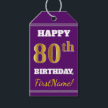 Etiquetas Para Regalos Purple, Faux Gold 80th Birthday   Nombre personali<br><div class="desc">El diseño de esta etiqueta de regalo de cumpleaños incluye un mensaje como "¡FELIZ 80º CUMPLEAÑOS, nombre!", donde el nombre puede ser personalizado, y donde el número "80º" tiene un aspecto de color falso/imitación de color dorado. En la parte delantera hay un fondo de color morado. En la parte posterior...</div>