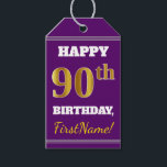 Etiquetas Para Regalos Purple, Faux Gold 90th Birthday   Custom Name<br><div class="desc">El diseño de esta etiqueta de regalo de cumpleaños incluye un mensaje como "¡FELIZ 90º CUMPLEAÑOS, nombre!", donde el nombre se puede personalizar, y donde el número "90º" tiene un aspecto de color falso/imitación dorado. En la parte delantera hay un fondo de color morado. En la parte posterior aparece una...</div>