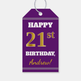 Etiquetas Para Regalos Púrpura, Faux Gold 21st Birthday + Nombre personal