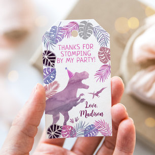 Etiquetas Para Regalos Púrpura Rosa Tres Rex Chica Dinosaurio Cumpleaños