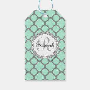 Etiquetas Para Regalos Quatrefoil gris verde de la Casa Monogramada Laure