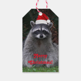 Etiquetas Para Regalos Raccoon lindo con vacaciones de Red Santa Hat