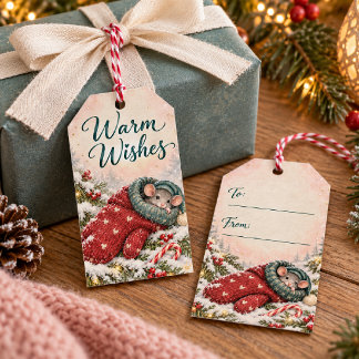 Etiquetas Para Regalos Ratón de Navidad Deseos Cálidos en Mitón Acogedor