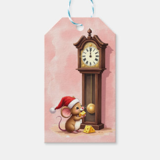 Etiquetas Para Regalos Ratón Santa acuarela con un reloj de abuelo