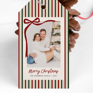 Etiquetas Para Regalos Rayas y Lazo Navideños Foto Familiar