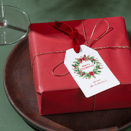 Etiquetas Para Regalos Red and Green Merry Christmas Watercolor Wreath