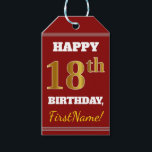 Etiquetas Para Regalos Red, Faux Gold 18th Birthday   Nombre personalizad<br><div class="desc">El diseño de esta etiqueta de regalo de cumpleaños incluye un mensaje como "¡FELIZ 18º CUMPLEAÑOS, nombre!", donde el nombre se puede personalizar, y donde el número "18º" tiene un aspecto de color falso/imitación dorado. El frente también presenta un fondo de color rojo. En la parte posterior aparece una línea...</div>