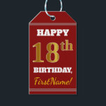 Etiquetas Para Regalos Red, Faux Gold 18th Birthday   Nombre personalizad<br><div class="desc">El diseño de esta etiqueta de regalo de cumpleaños incluye un mensaje como "¡FELIZ 18º CUMPLEAÑOS, nombre!", donde el nombre se puede personalizar, y donde el número "18º" tiene un aspecto de color falso/imitación dorado. El frente también presenta un fondo de color rojo. En la parte posterior aparece una línea...</div>