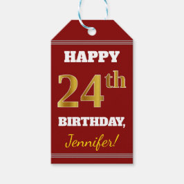 Etiquetas Para Regalos Red, Faux Gold 24th Birthday + Nombre personalizad