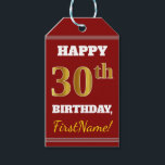 Etiquetas Para Regalos Red, Faux Gold 30th Birthday   Nombre personalizad<br><div class="desc">Este diseño de etiqueta de regalo de cumpleaños incluye un mensaje como "¡FELIZ 30 cumpleaños, FirstName!", donde el nombre se puede personalizar, y donde el número "30" tiene un aspecto de color falso/imitación de color dorado. El frente también presenta un fondo de color rojo. En la parte posterior aparece una...</div>