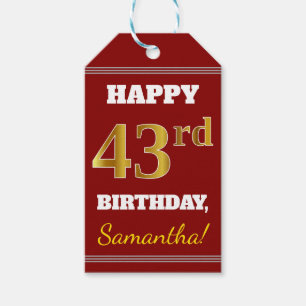 Etiquetas Para Regalos Red, Faux Gold 43rd Birthday + Custom Name