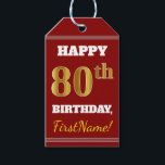 Etiquetas Para Regalos Red, Faux Gold 80th Birthday   Nombre personalizad<br><div class="desc">El diseño de esta etiqueta de regalo de cumpleaños incluye un mensaje como "¡FELIZ 80º CUMPLEAÑOS, nombre!", donde el nombre puede ser personalizado, y donde el número "80º" tiene un aspecto de color falso/imitación de color dorado. El frente también presenta un fondo de color rojo. En la parte posterior aparece...</div>