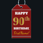 Etiquetas Para Regalos Red, Faux Gold 90th Birthday   Nombre personalizad<br><div class="desc">El diseño de esta etiqueta de regalo de cumpleaños incluye un mensaje como "¡FELIZ 90º CUMPLEAÑOS, nombre!", donde el nombre se puede personalizar, y donde el número "90º" tiene un aspecto de color falso/imitación dorado. El frente también presenta un fondo de color rojo. En la parte posterior aparece una línea...</div>