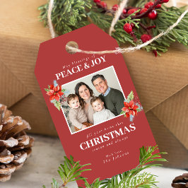 Etiquetas Para Regalos Red Poinsettia Photo Peace Joy Christmas Gift Tags