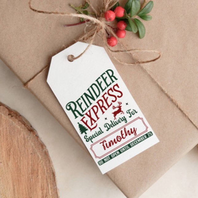 ETIQUETAS PARA REGALOS REINDEER EXPRESS ENTREGA ESPECIAL (REINDEER EXPRESS SPECIAL DELIVERY FOR KID NAME CLASSIC GREEN RED WHITE CHRISTMAS PALETTE. EDITABLE )