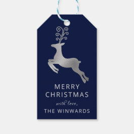 Etiquetas Para Regalos Reno de Navidad azul y plateado de papel de estaño