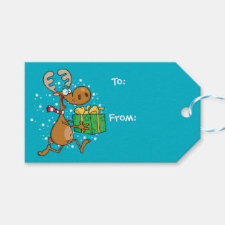 Etiquetas Para Regalos Reno Gracioso Corriendo Con Un Regalo