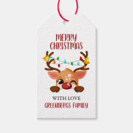 Etiquetas Para Regalos Reno sonriente caprichoso con luces de Navidad
