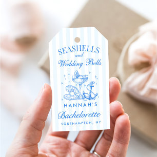 Etiquetas Para Regalos Retro Azul Conchas Marinas y Campanas de Boda Desp