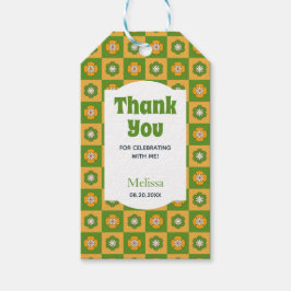 Etiquetas Para Regalos Retro Daisy Floral Checkered Green Gracias