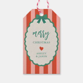 Etiquetas Para Regalos Retro Pink, Red, and Green Striped Merry Christmas
