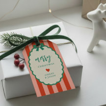 Retro Pink, Red, and Green Striped Merry Christmas