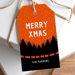 Etiquetas Para Regalos Retro rojo Feliz Navidad con pinos y nieve