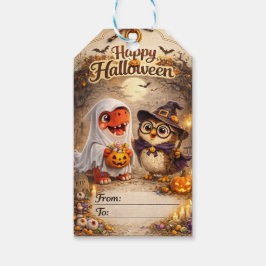 Etiquetas Para Regalos Rex y búho fantasma de Halloween dinosaurio en el 