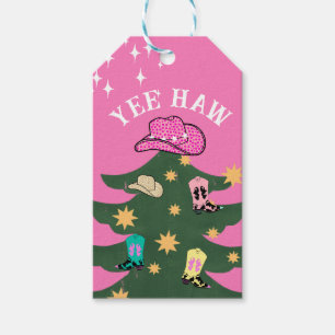Etiquetas Para Regalos Rodeo festivo de Navidades de vacas rosas Yee Haw