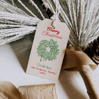 Etiquetas Para Regalos Rojo Retro Verde Corona de Lazos Dibujados Feliz N