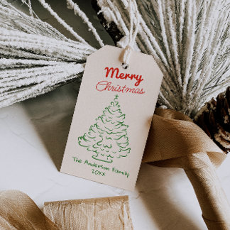 Etiquetas Para Regalos Rojo Verde Retro Árbol de Navidad Dibujado a Mano