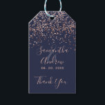 Etiquetas Para Regalos Rosa de oro confetti azul marino favores de boda<br><div class="desc">Rosa de oro confetti azul marino tipografía gracias</div>