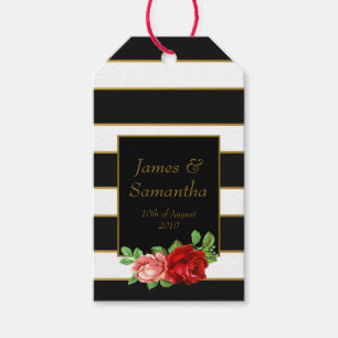Etiquetas Para Regalos Rosa roja, negro, blanco y banda de oro -