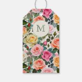 Etiquetas Para Regalos Rosas de jardín florales monogramadas bonitas eleg