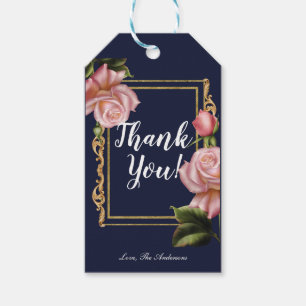 Etiquetas Para Regalos Rosas rosadas Azul marino y dorado Favor moderno y