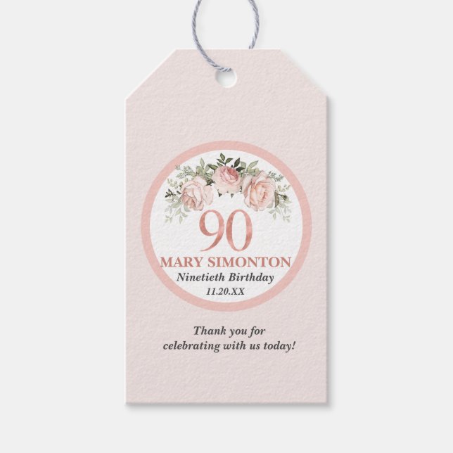Etiquetas Para Regalos Rustic Rubor Rosa Wreath 90 cumpleaños (Anverso)