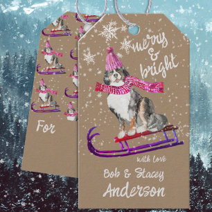 Etiquetas Para Regalos Rústico Kraft Mountain Dog Merry & Bright Sleding