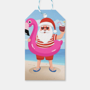 Etiquetas Para Regalos Santa Claus con anillo inflable de flamingo