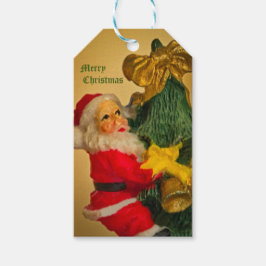 Etiquetas Para Regalos Santa Claus trepando el árbol de Navidad - Vintage