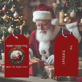 Etiquetas Para Regalos Santa en su tarjeta de saludo de Sleigh