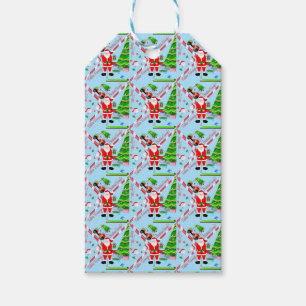 Etiquetas Para Regalos Santa jugando golf junto al árbol de Navidad