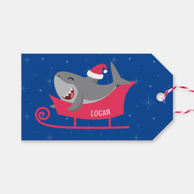 Etiquetas Para Regalos Santa Shark Sled (Frente (Horizontal))