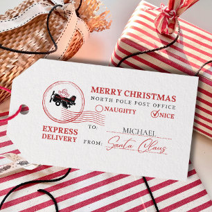 Etiquetas Para Regalos Sello de avión divertido de Santa de Navidad rojo 