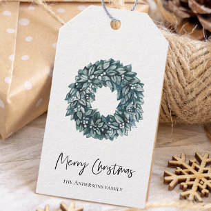 Etiquetas Para Regalos Simple acuarela Verde Wreath   Feliz Navidad