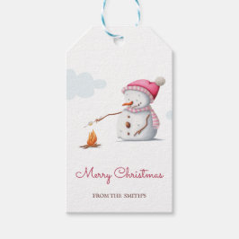 Etiquetas Para Regalos Simple Snowman rosa Feliz Navidad